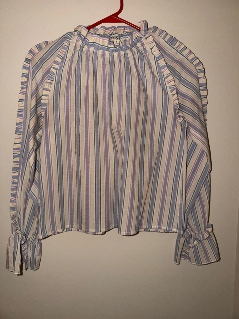 Boho 100% cotton S/M Blue Stripe Ruffle Long-Sleeve Blouse by Listicle - Picture 2 of 6